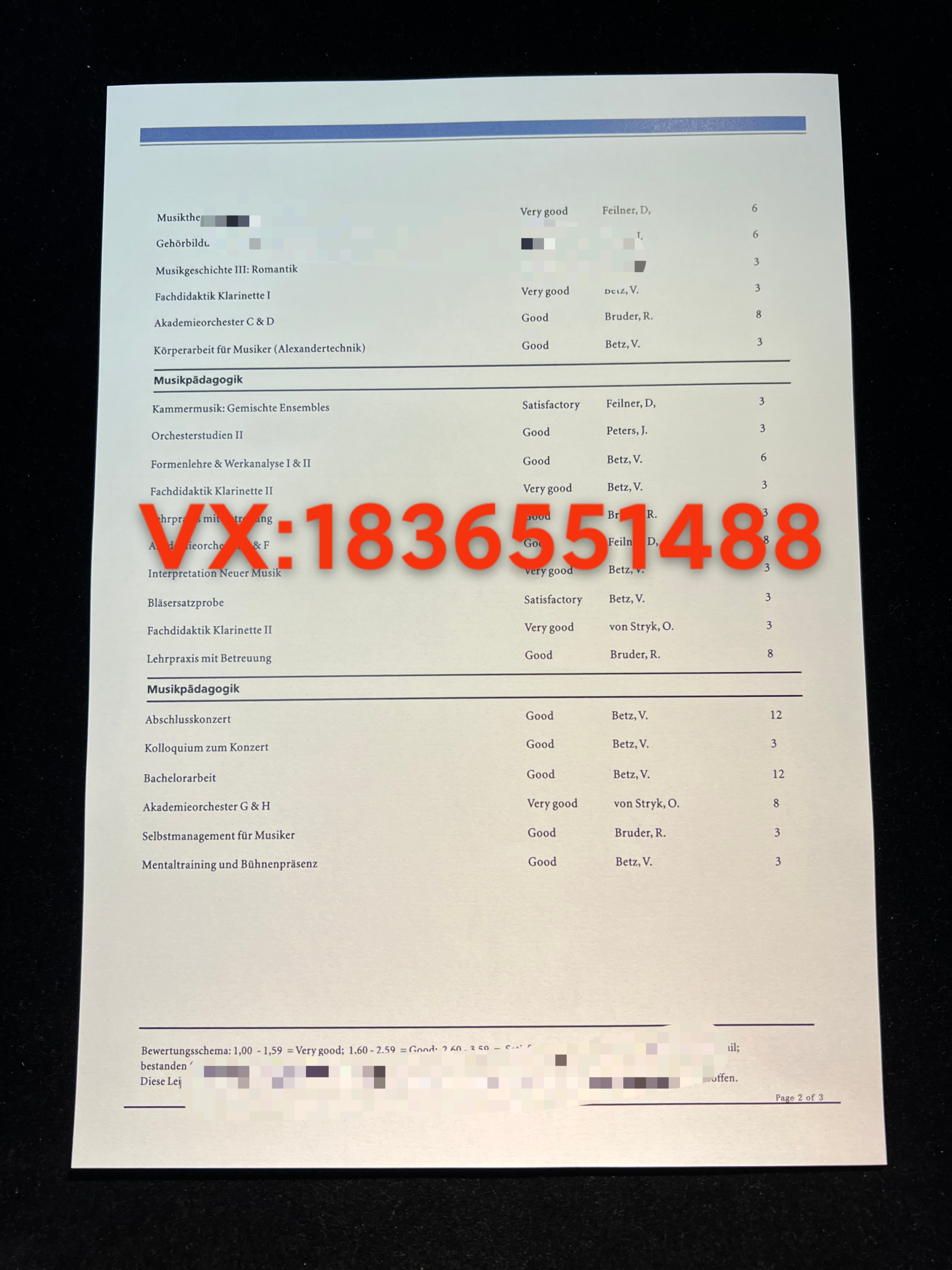 德国卡塞尔音乐学院 成绩单样版展示