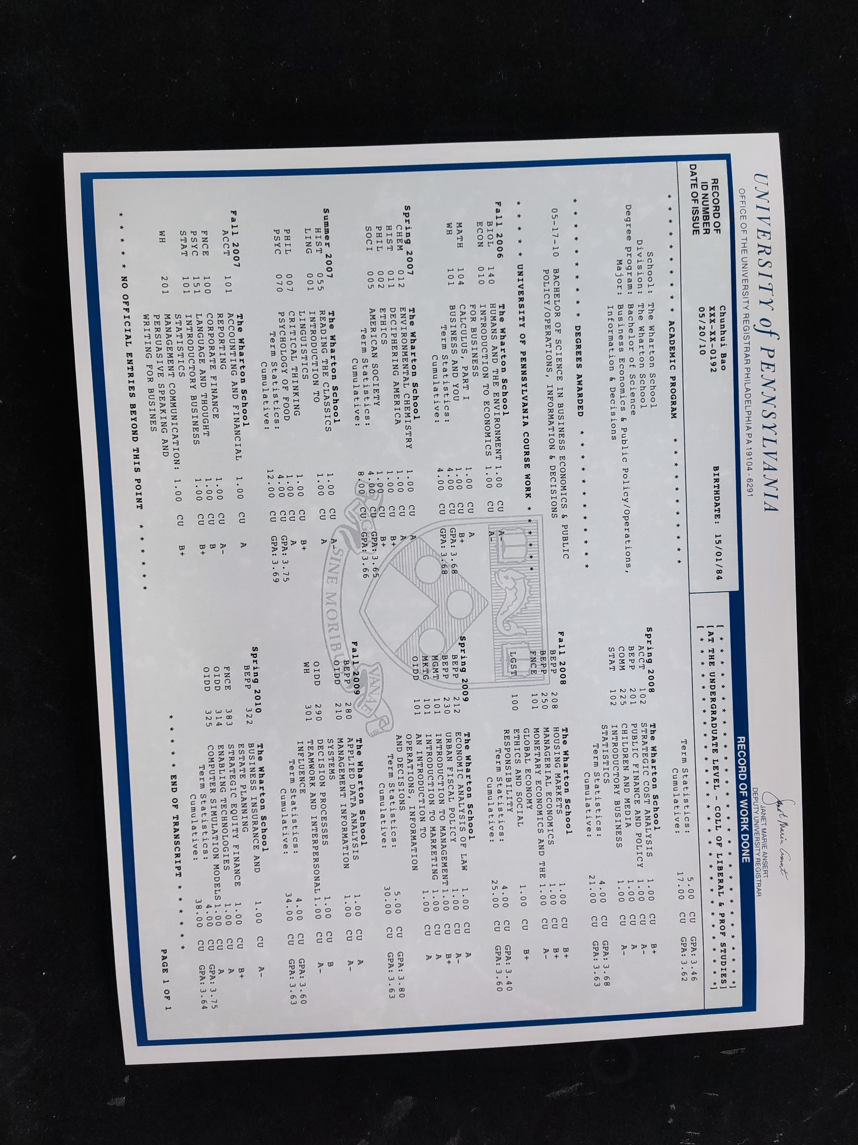 宾夕法尼亚州立大学（Penn State）成绩单 样版展示