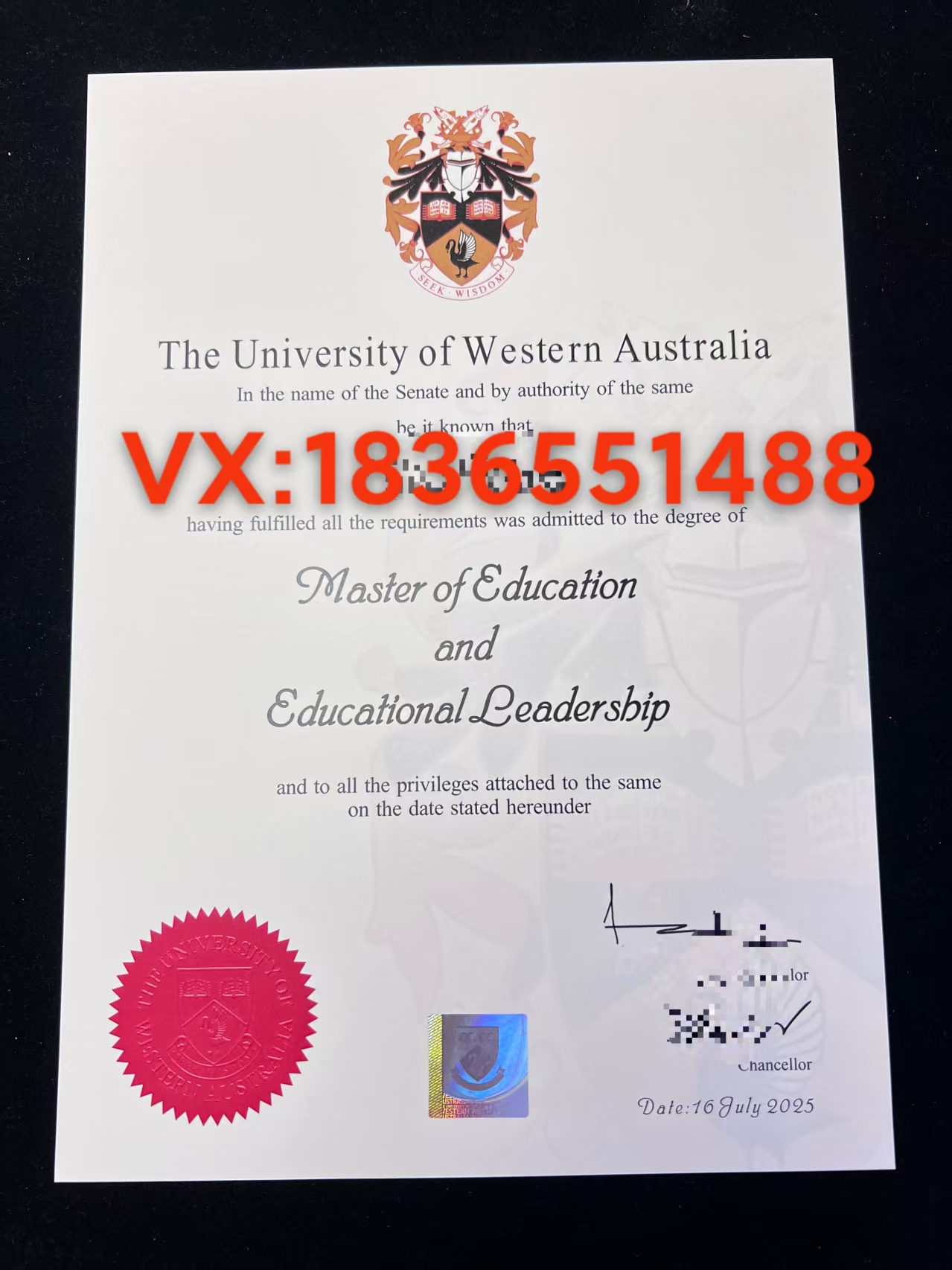 西澳大学毕业证 样版展示