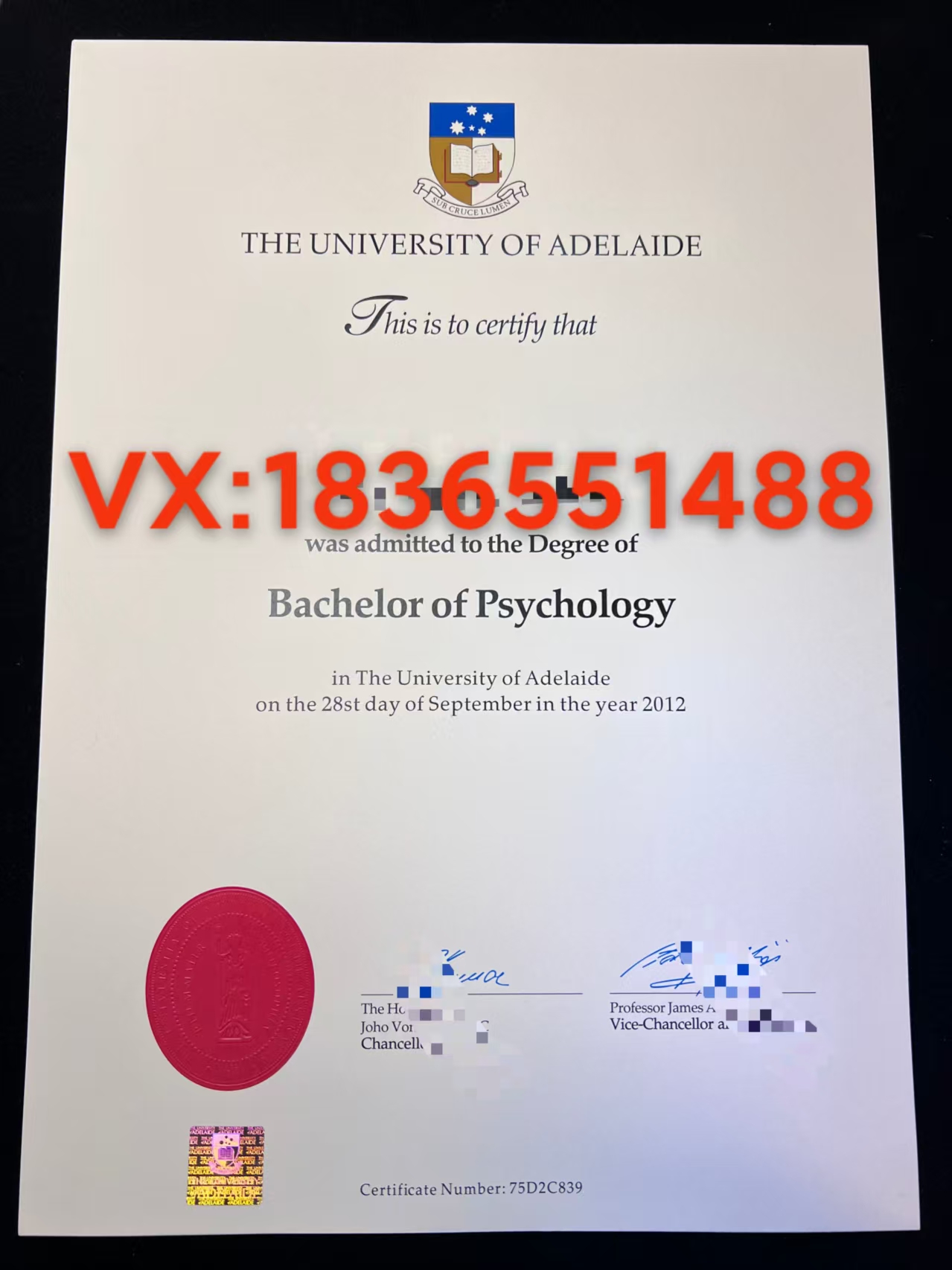 阿德莱德大学毕业证 样版展示