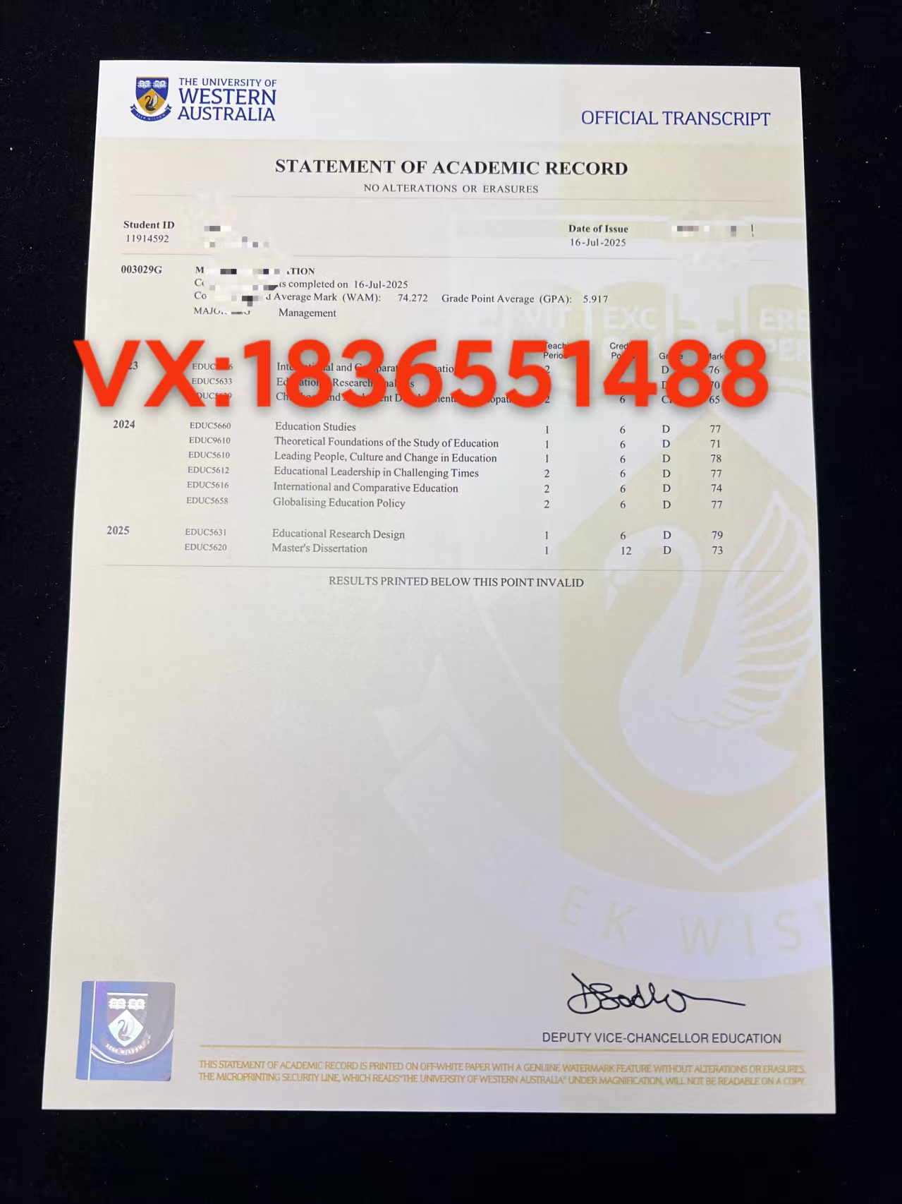 西澳大学成绩单 版本展示