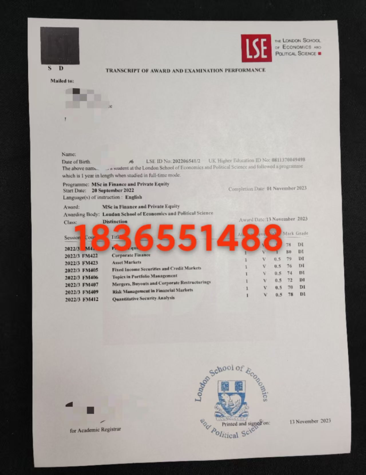 伦敦政治经济学院（LSE) 成绩单样版展示