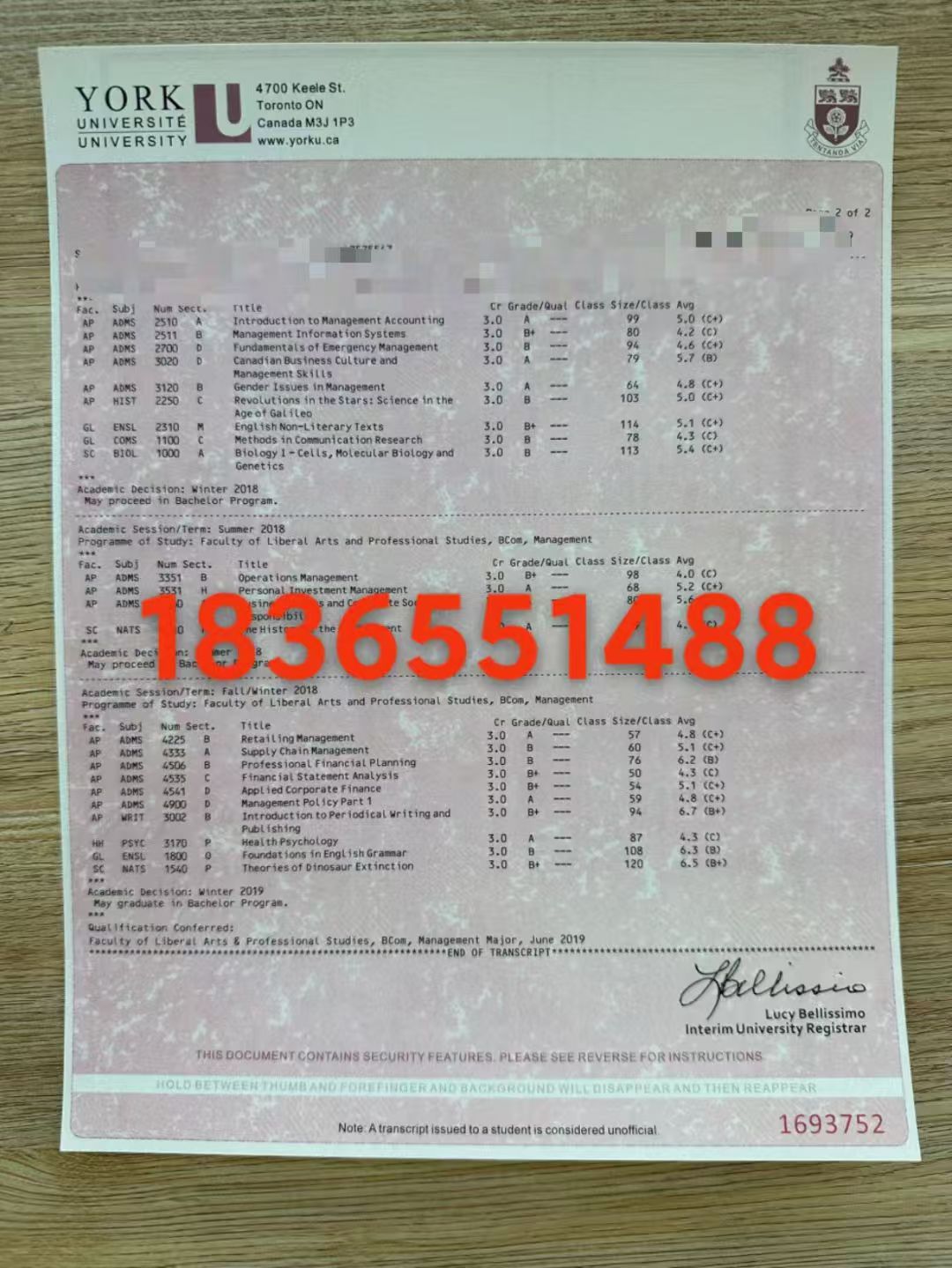 加拿大约克大学 成绩单 样版展示